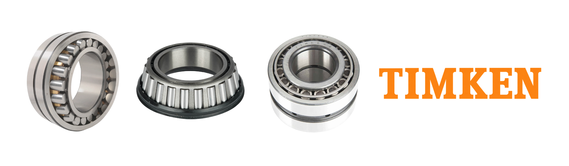 Timken spherical roller bearing, sealed tapered roller bearing cone assembly, and double-row tapered roller bearing, alongside the orange Timken logo